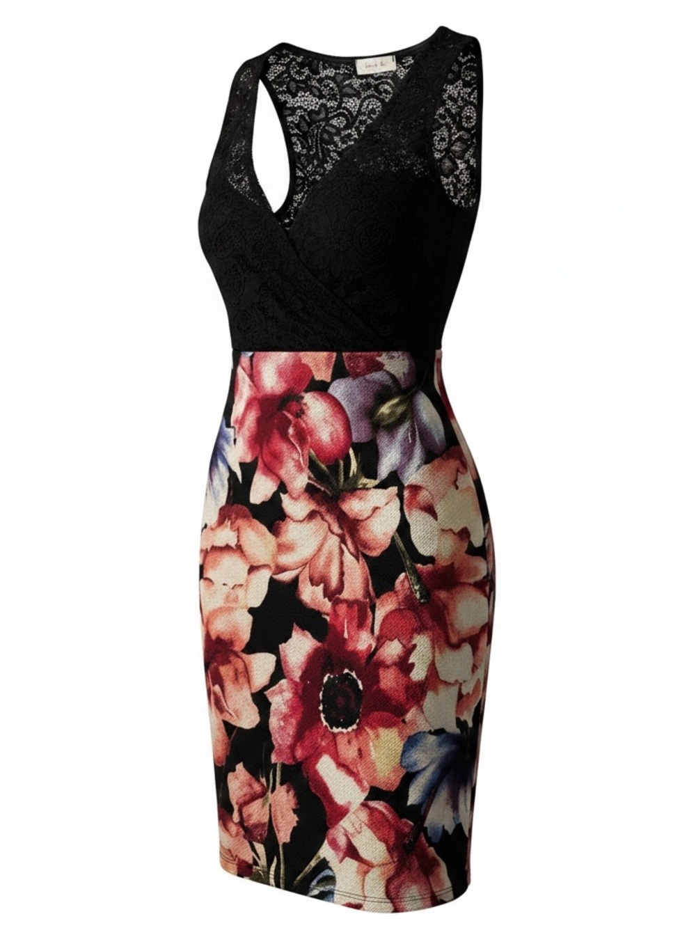 Floral Lace-Top Midi Dress - Black & Multi